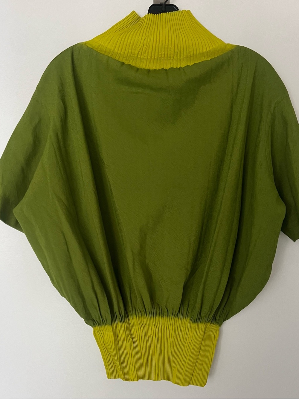 Issey Miyake Olive Green Short-Sleeve Top with Yellow Ribbed Trim